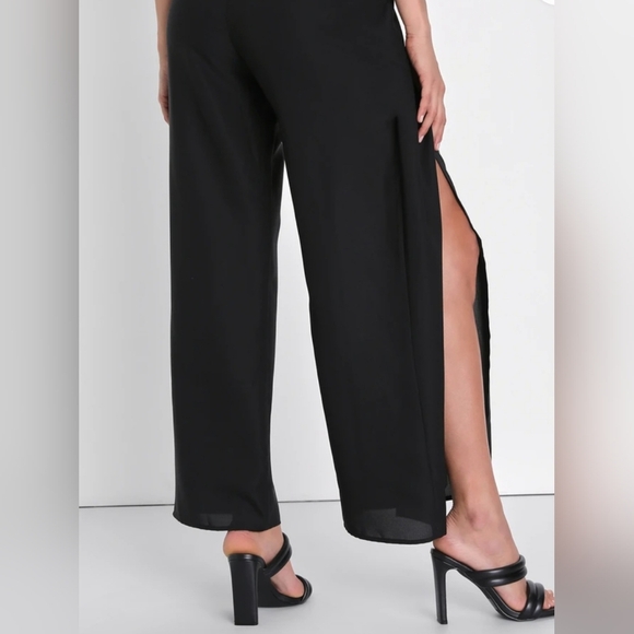 Lulu's SZ L Black Bright & Breezy Tie Front Culotte Wide Leg Side Slit Pants - Picture 13 of 14